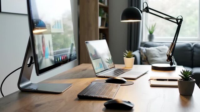 Home office workstation 4K video. A modern home office scene showing a remote work setup with a laptop, external display, and adjustable desk lamp.