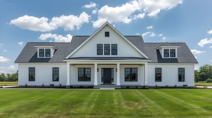 Modern luxury suburban residence featuring new brick architecture and a spacious front lawn under a clear sky