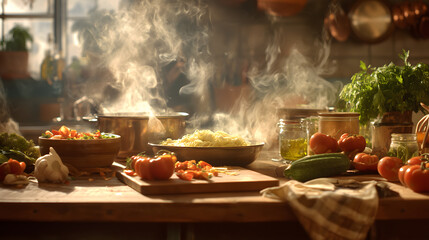 Cozy kitchen scene with steaming pots, fresh vegetables, herbs spread across a rustic wooden table. Warm sunlight, homely atmosphere perfect, cooking and culinary inspiration