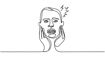 Tableau sur plexiglas Motifs linéaires Face expression suffering from sensitive teeth ,Continuous one line drawing isolated on white background   © Monir