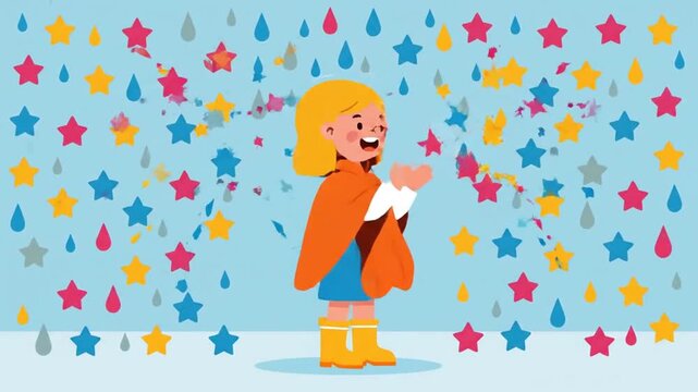 Animated Girl Playing with Colorful Confetti and Stars in the Rain Cartoon Style
