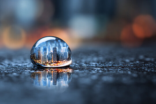 Szklana kula i kropla wody z odbiciem miasta &ndash; abstrakcyjna koncepcja