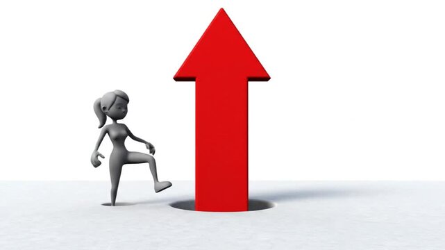 A small figurine standing next to a large red arrow pointing upwards in a white video Surreal Silliness concept Footage