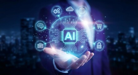Businessman presenting AI technology with futuristic interface in hand