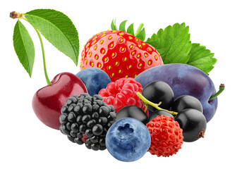 wild berries mix, strawberry, raspberry, currant, blueberry, blackberry, plum, cherry isolated, full depth of field