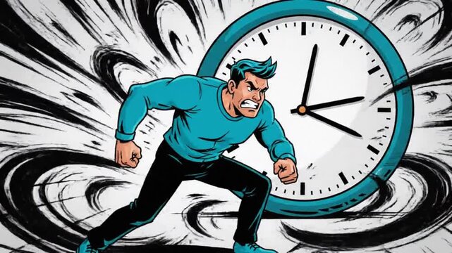 A cartoon man in a blue shirt is running from a large clock in a video about time management Surreal Silliness concept Footage