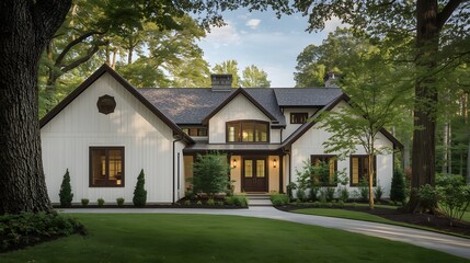 An old English country house estate featuring traditional architecture with a classic roof and windows sits nestled in a lush green summer landscape under a clear blue sky