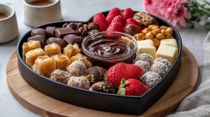 Fototapeta premium Charcuterie Galentine’s Day board filled with chocolate sweets, red heart candies, fresh strawberries, blueberries and assorted confections arranged neatly on light background