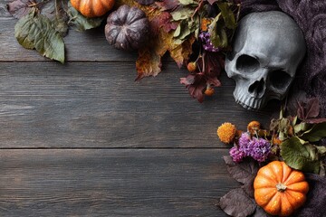 Halloween arrangement with skull, pumpkins, leaves and flowers on a rustic wood surface