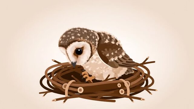 Animated Owl Sequence With Nest, Cartoon Style Fledgling Behavior, Isolated Bird Illustration