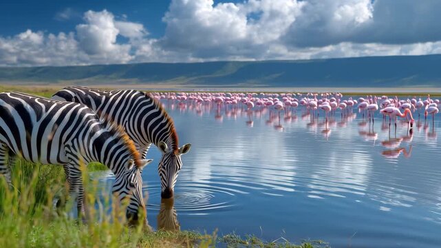 Two zebras grazing by the lake, with pink flamingos in the background