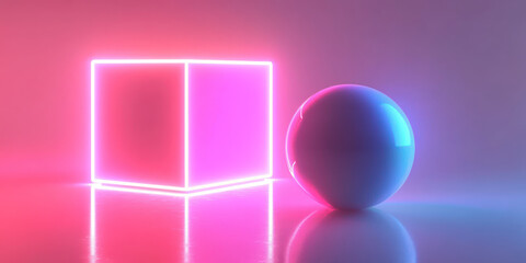 Abstract neon cube and sphere on reflective surface