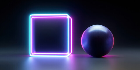 Abstract neon cube and sphere on reflective surface
