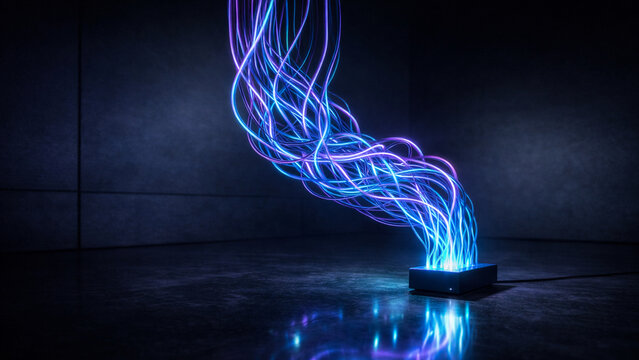 Abstract technology data stream concept vibrant neon glowing fibers emerging small device digital information flow and futuristic connectivity