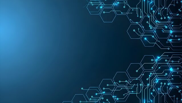 Circuit board with blue lights on dark background