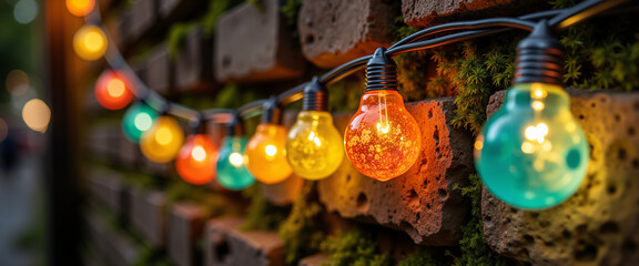 Colorful string lights glowing against a weathered brick wall  