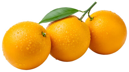 Trio of ripe oranges with green leaves and water droplets, isolated subject with transparency for creative layouts high quality png