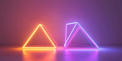 Vibrant neon pyramids on reflective surface