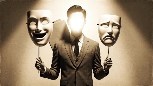A man in a suit holds comedy and tragedy masks in a spotlight video Surreal Silliness concept Footage