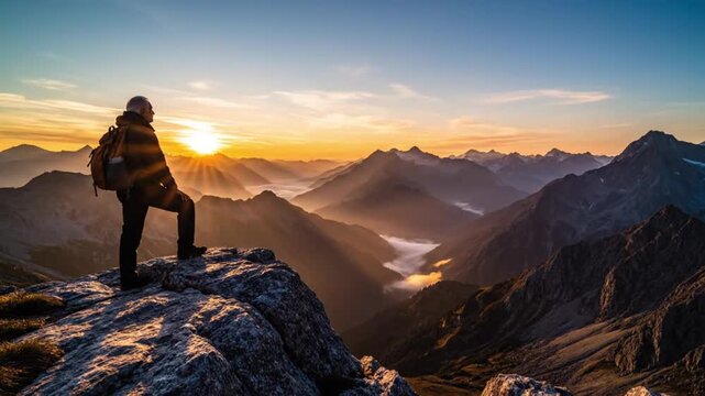 A lone adventurer stands on a mountain peak at sunrise, taking in the breathtaking view of the valley below in a serene natural landscape. Surreal Silliness concept Footage