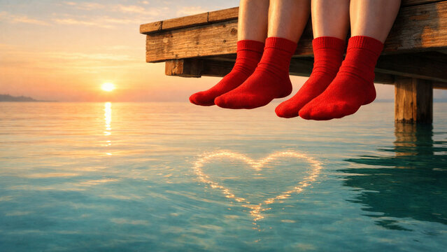 Summer vacation relaxing feet red socks couple sitting on wooden pier jetty water reflection heart shape sunset tranquil ocean view - Powered by Adobe