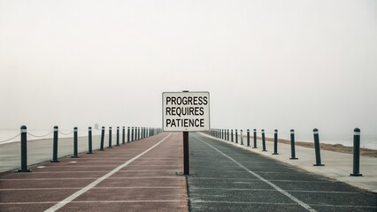 Motivational sign on a divided road showing progress requires patience