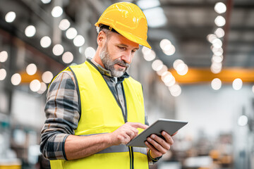A construction worker in a safety vest and hard hat uses a tablet in a warehouse, showcasing modern technology in the industrial sector.