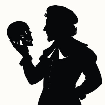 a man holding a skull, a scene from Shakespeare's Hamlet, black silhouette isolated on white background