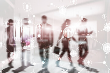 Social media communication concept with connected people icons and network lines on abstract background