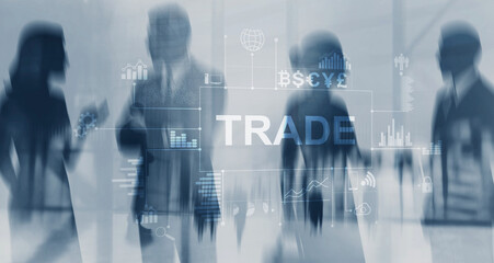 Trade. Business people discussing trade and finance with graphs, charts. Currency symbols global market investment