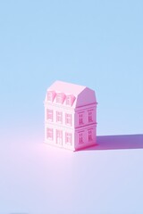 A soft pink miniature building casts a shadow on a gradient pastel backdrop