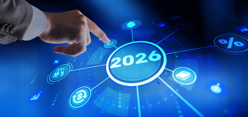 Futuristic abstract background with human silhouettes and upward trending graphics for 2026 growth concepts