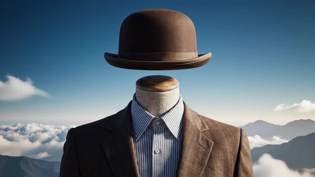 A surreal video of a man in a suit and hat with no face standing above the clouds Surreal Silliness concept Footage