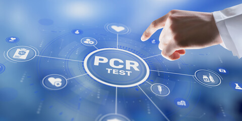 Professional medical background with PCR TEST text and molecular diagnostics symbols