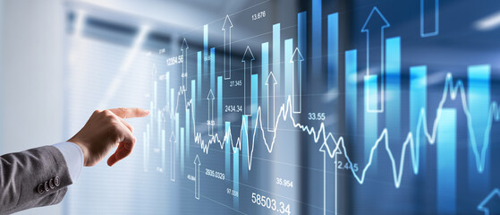 Financial growth graph on virtual screen. Sales increase, marketing strategy concept