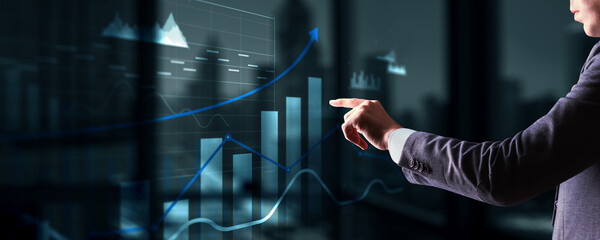 3D charts with up arrows, business panel on virtual screen