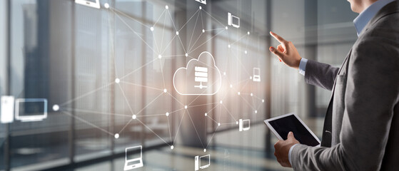 Digital technology data exchange cloud computing global business concept. Cloud computing on a virtual screen