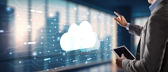 Digital technology data exchange cloud computing global business concept. Cloud computing on a virtual screen
