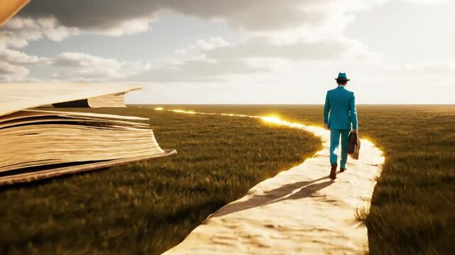 A man in a blue suit walks down a path towards a bright future with an open book Surreal Silliness concept Footage