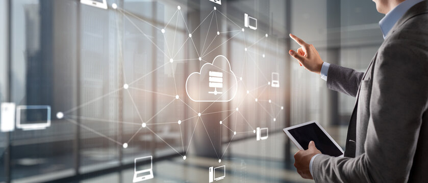 Digital technology data exchange cloud computing global business concept. Cloud computing on a virtual screen