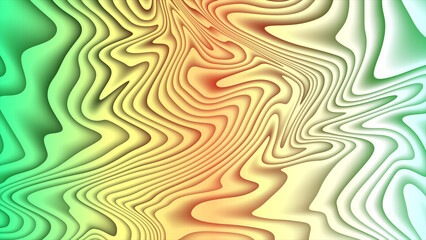 Abstract topographic map with colorful wavy lines and gradient colors transitions from green to yellow and orange creating a dynamic visual effect