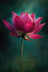 A detailed, vibrant, and softly lit painting of a blooming pink lotus flower