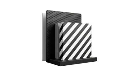 Black and white striped object with perforated panel