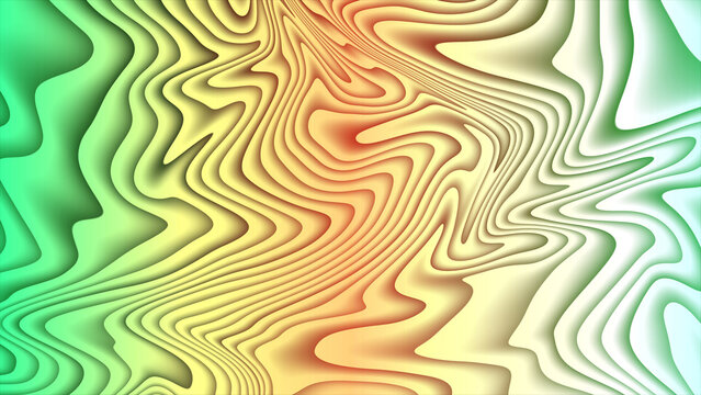 Abstract topographic map with colorful wavy lines and gradient colors transitions from green to yellow and orange creating a dynamic visual effect