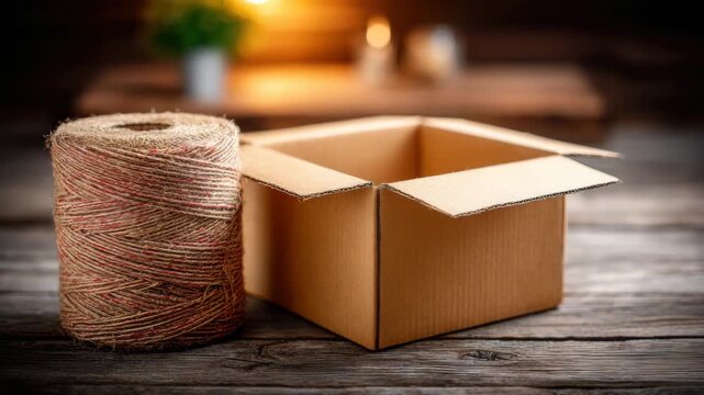 Twine and open cardboard box on rustic wooden table