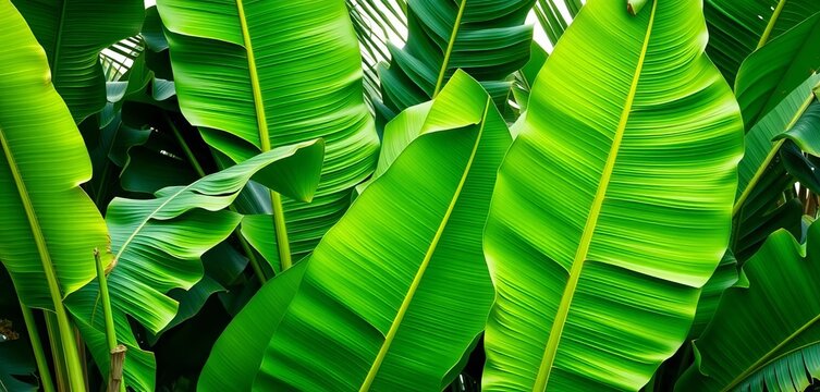 Large vibrant green banana tree leaves, tropical foliage, banana leaf, nature