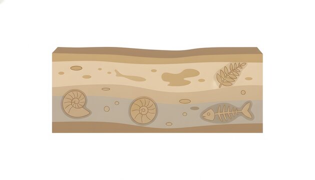 Geological cross-section depicting distinct rock strata embedded with diverse prehistoric fossils, illustrating earth's historical layers and ancient life forms
