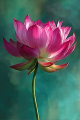 A vibrant pink lotus blossom in full bloom, stem reaching, set against a soft, blurred teal backdrop