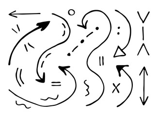 A set of doodle elements, various arrows, rounded shapes, dots, dashes. A simple vector illustration with a black outline.