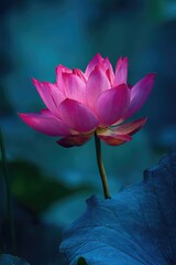 A radiant pink lotus blossom, petals unfurling, against a blurred blue-green background